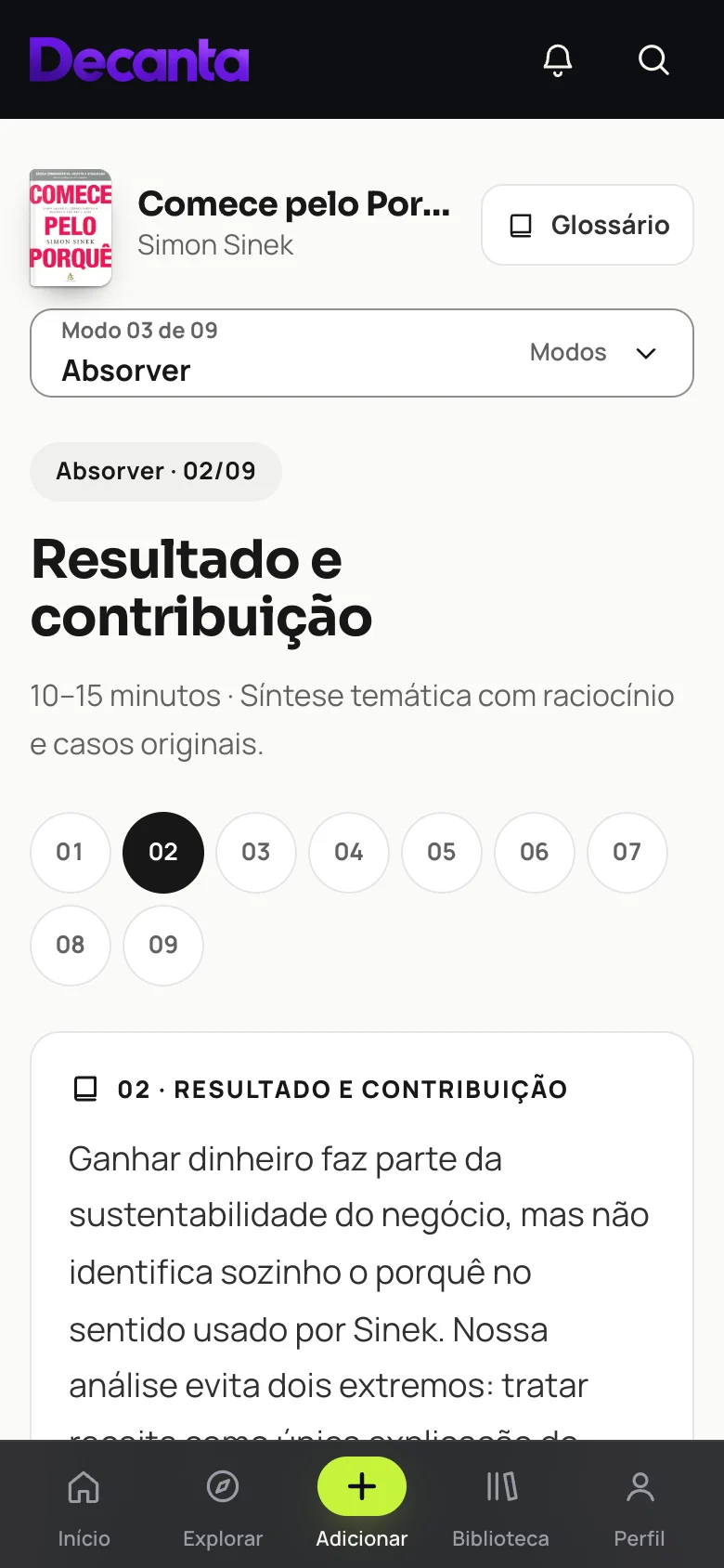 Tela do resumo guiado de Comece pelo Porquê no celular
