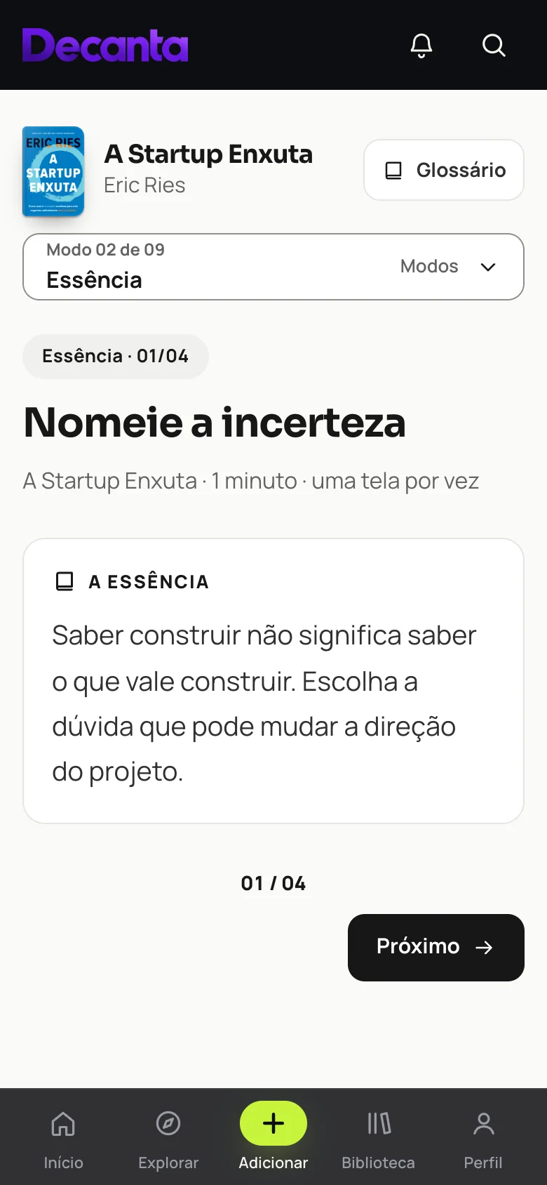Tela da Essência de A Startup Enxuta no celular