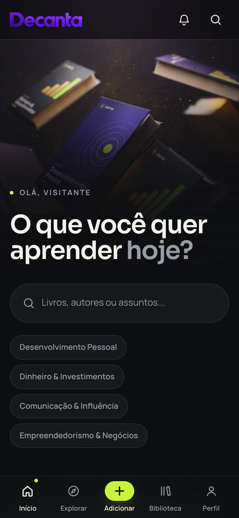 Tela Início do Decanta no celular